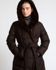 Long hooded double-breasted down jacket in Loro Piana fabric  with mink fur