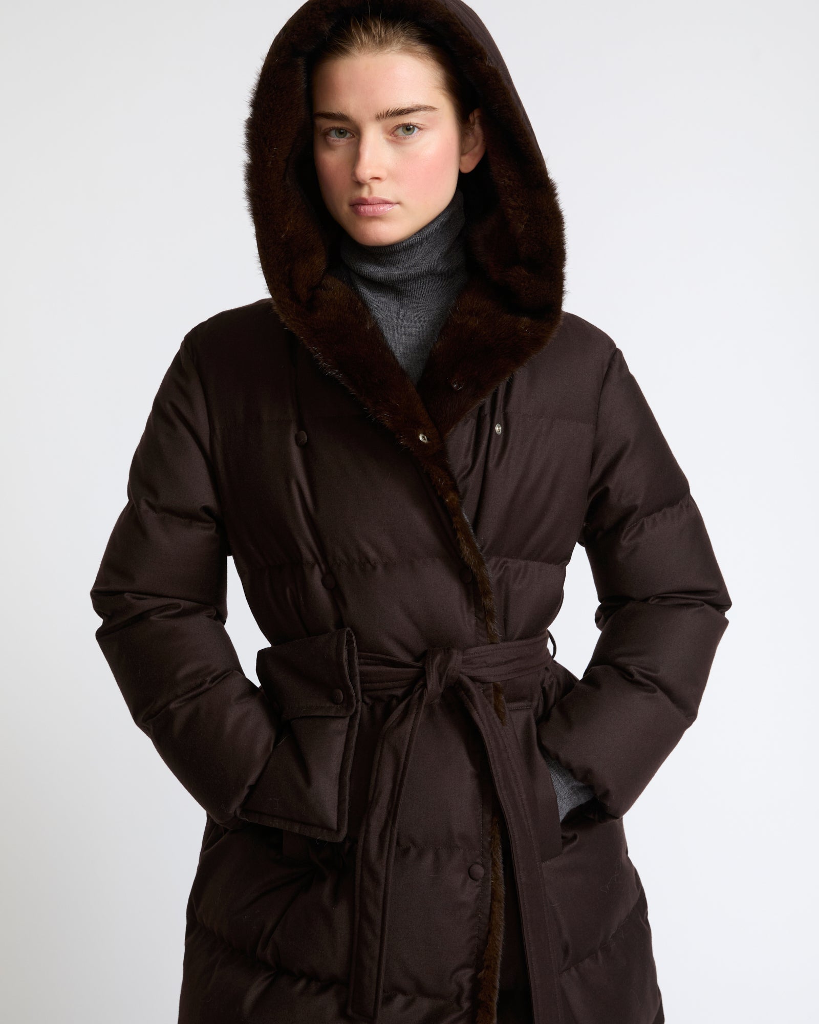Long hooded double-breasted down jacket in Loro Piana fabric  with mink fur - Yves Salomon - New Fall Winter Collection
