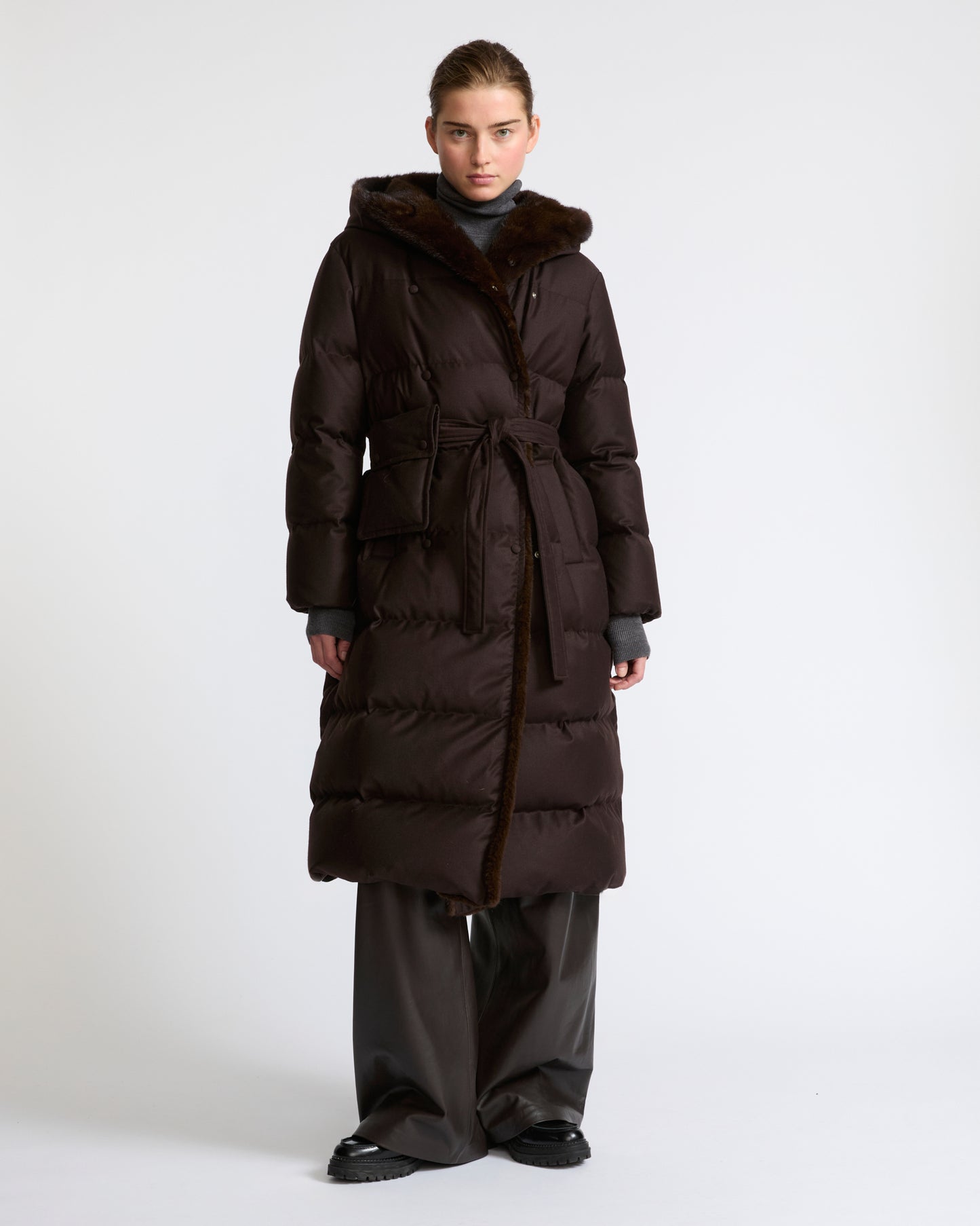 Long hooded double-breasted down jacket in Loro Piana fabric  with mink fur - Yves Salomon - New Fall Winter Collection