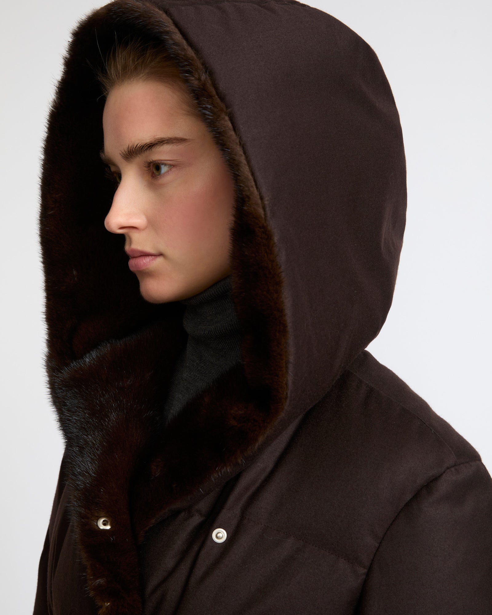 Long hooded double-breasted down jacket in Loro Piana fabric  with mink fur - Yves Salomon - New Fall Winter Collection
