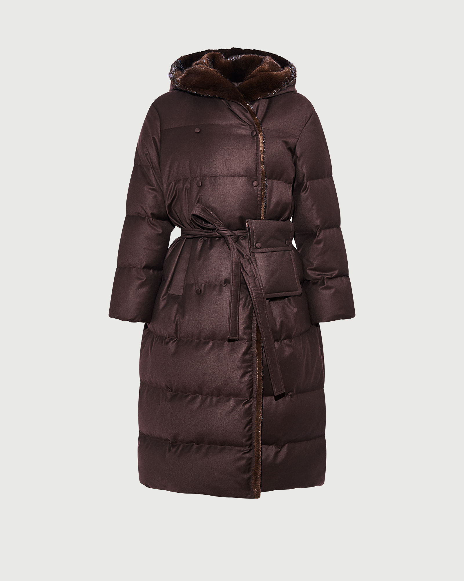 Long hooded double-breasted down jacket in Loro Piana fabric  with mink fur - Yves Salomon - New Fall Winter Collection