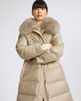 Long straight down jacket in flannel fabric with detachable fox fur collar