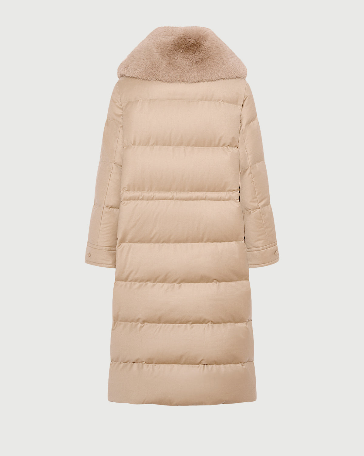 Long straight down jacket in flannel fabric with detachable fox fur collar
