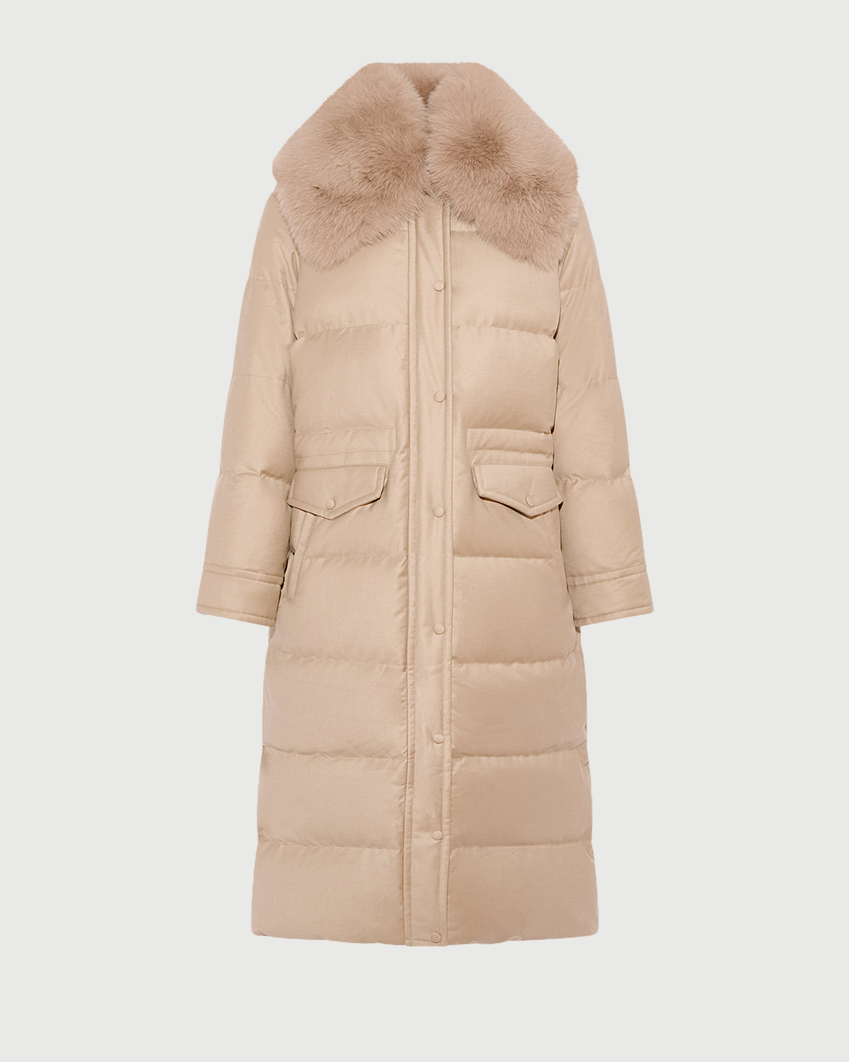 Long straight down jacket in flannel fabric with detachable fox fur collar