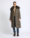 Long straight down jacket in flannel fabric with detachable fox fur collar