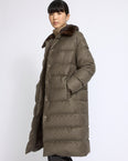 Long down jacket in flannel fabric with detachable mink fur collar