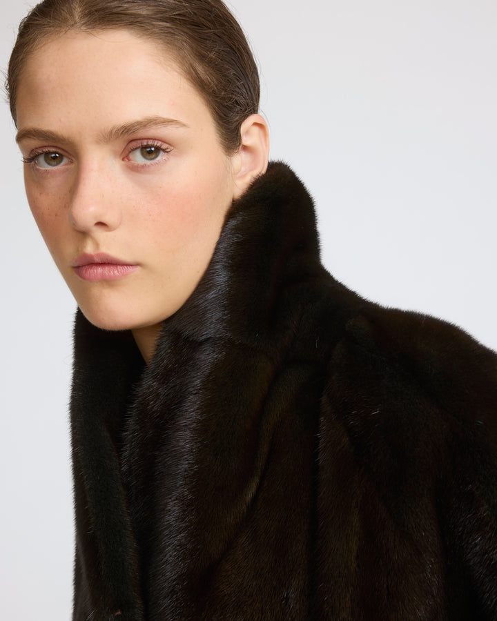 Long belted coat in long-haired mink fur with a shawl collar - Yves Salomon - New Fall/Winter Collection