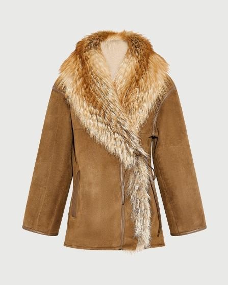 Lambskin shearling coat with fox fur collar