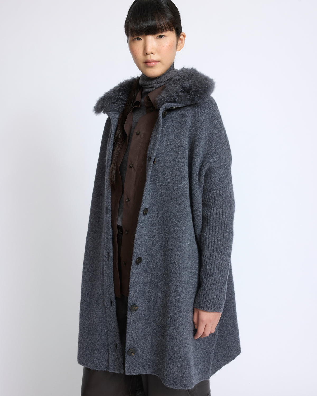 Merino knit coat with cashmere lambskin collar - Yves Salomon - New Fall/Winter Collection