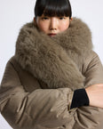 Short double breasted down jacket in technical flannel with detachable fox fur collar