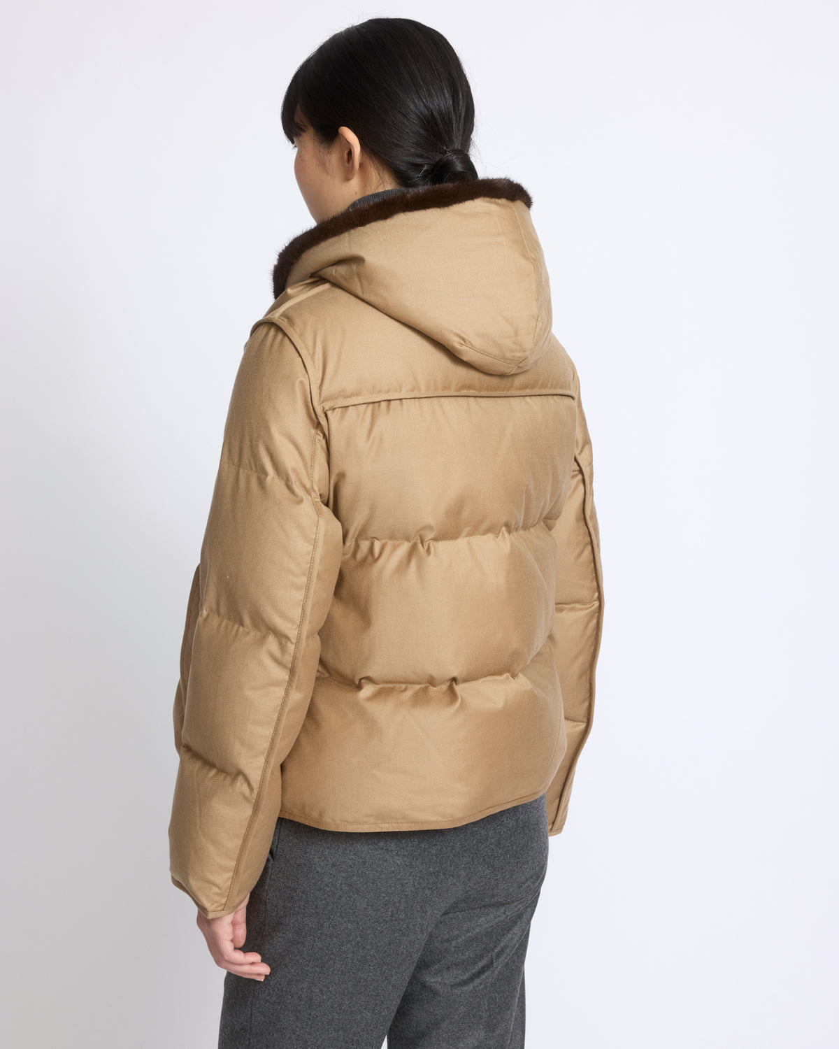 Short down jacket in Loro Piana flannel with detachable mink fur bib - Yves Salomon - New Fall/Winter Collection