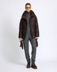 Fitted down jacket in flannel with mink fur collar and mittens