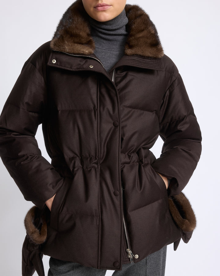 Fitted down jacket in Loro Piana flannel with mink fur collar and mittens - Yves Salomon - New Fall/Winter Collection