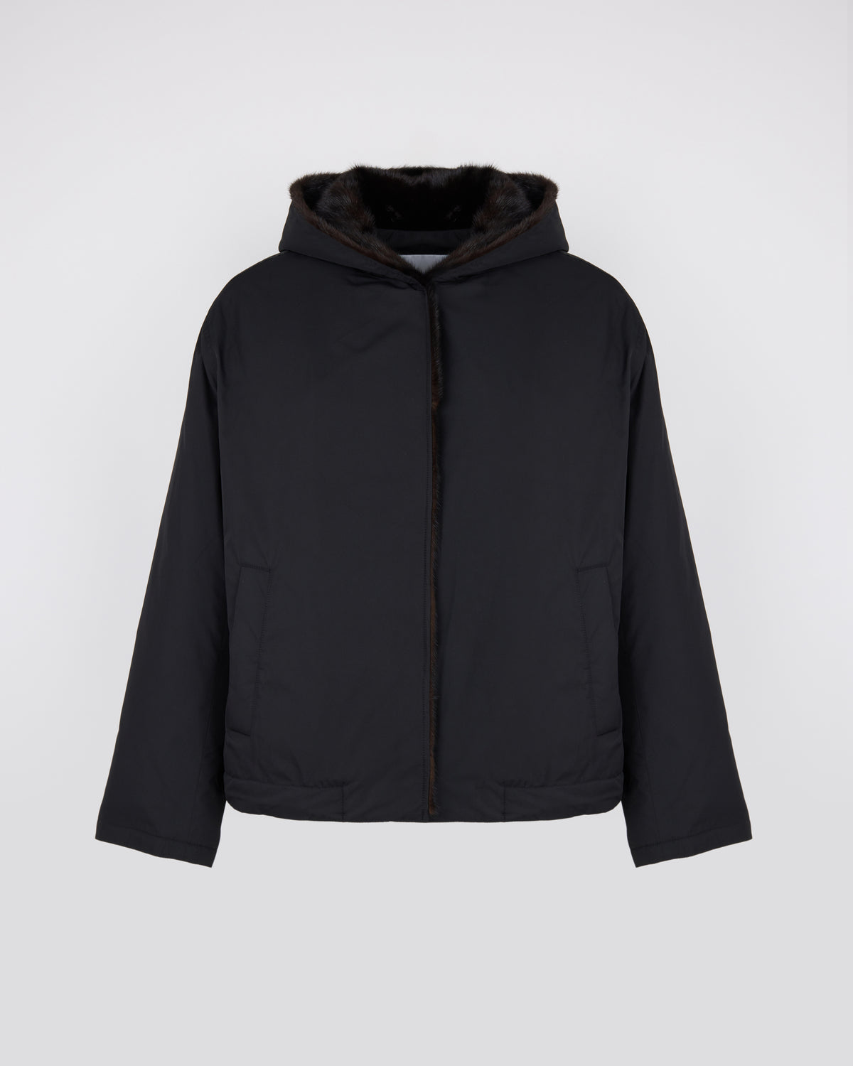 Short smooth hooded down jacket in water-repellent technical fabric with mink fur lining - Yves Salomon - New Fall/Winter Collection