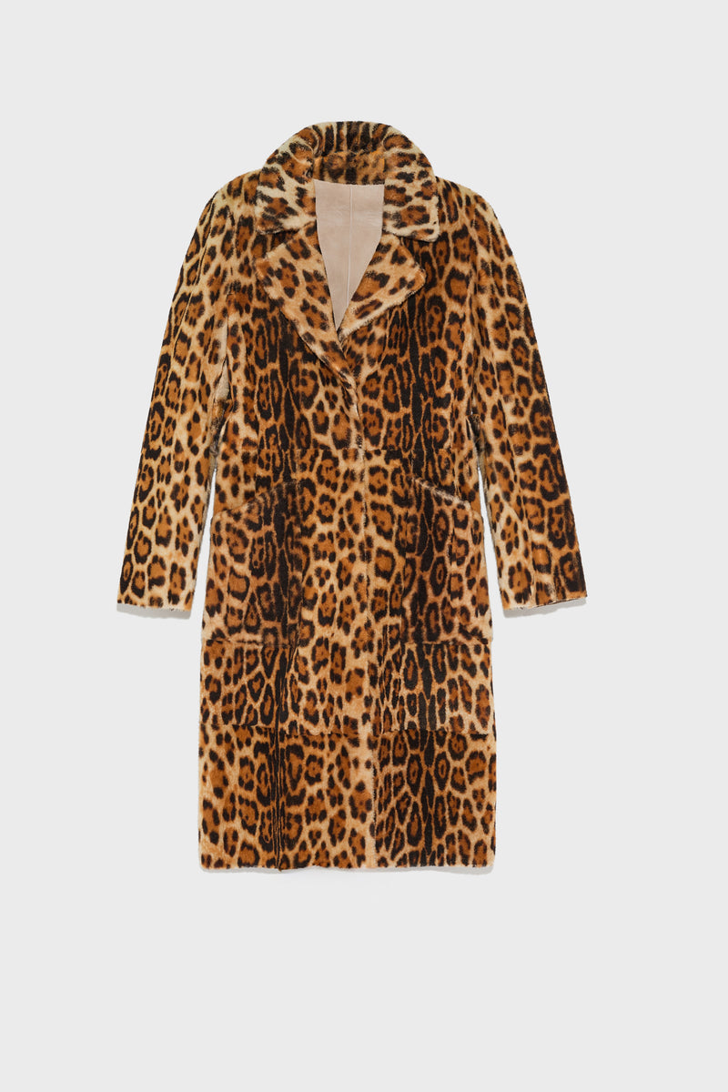 Reversible coat in printed lambskin and leather