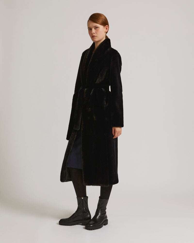 Belted coat in sheared and long-haired mink fur - navy - Yves Salomon