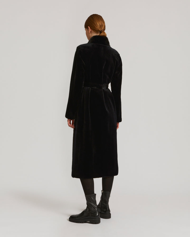 Belted coat in sheared and long-haired mink fur - navy - Yves Salomon