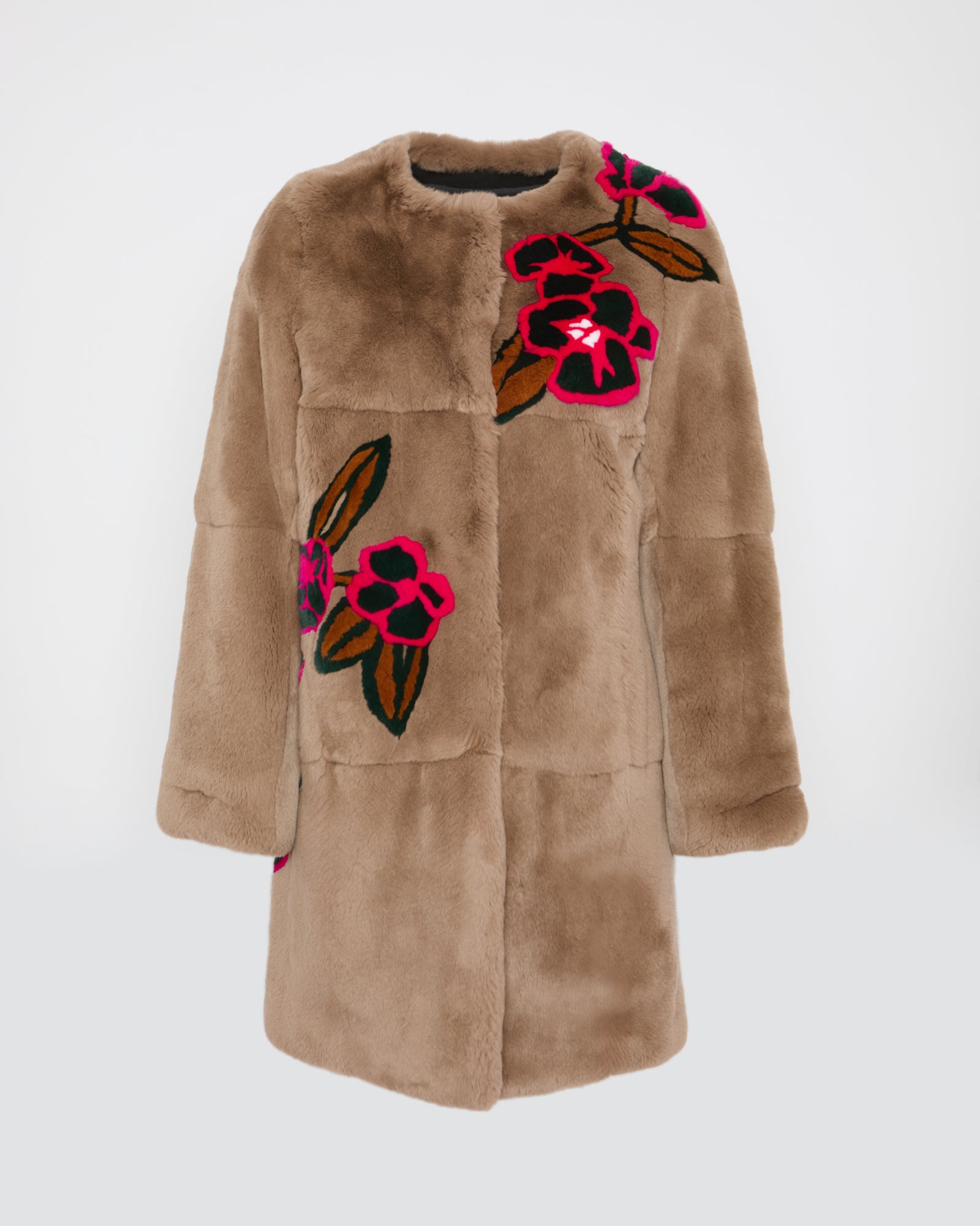 Long Rex rabbit coat with floral motif - brown - Yves Salomon – Yves ...