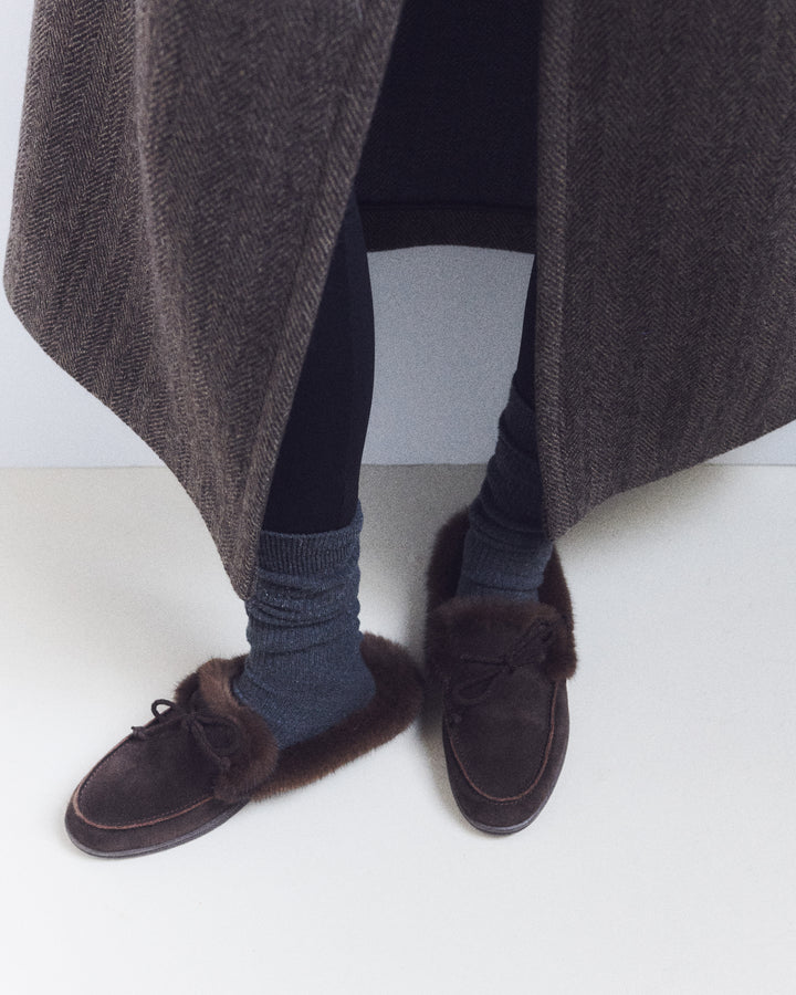 Suede leather and mink fur mules
