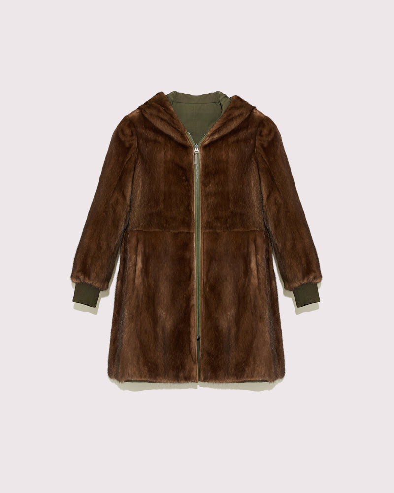 Classic reversible coat in technical fabric and mink -