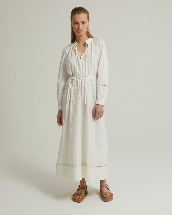 Fluid belted cotton dress with leather embroidery - white