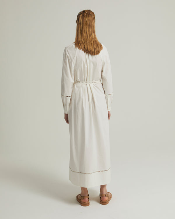 Fluid belted cotton dress with leather embroidery - white