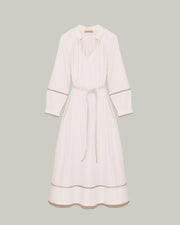 Fluid belted cotton dress with leather embroidery - white