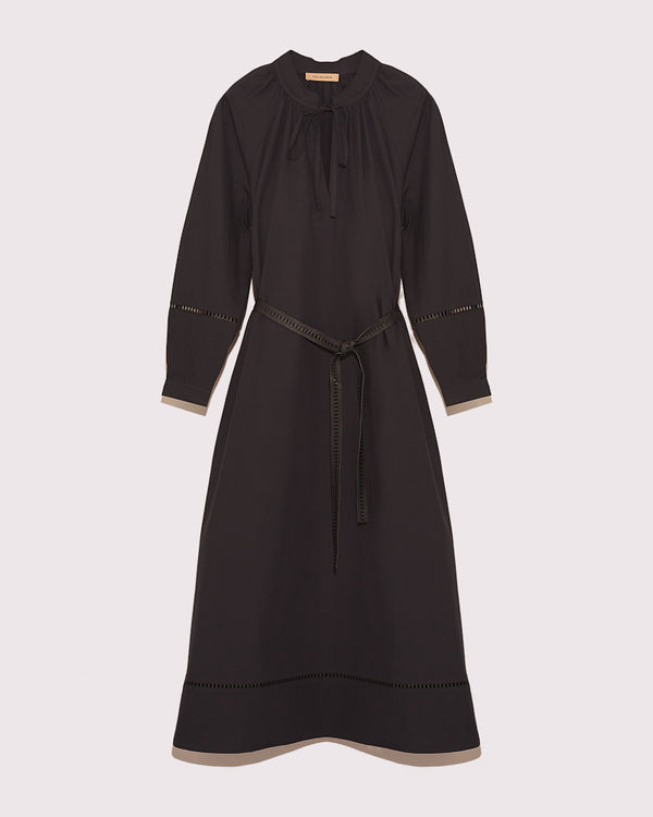 flowing belted cotton dress with leather embroidery - black