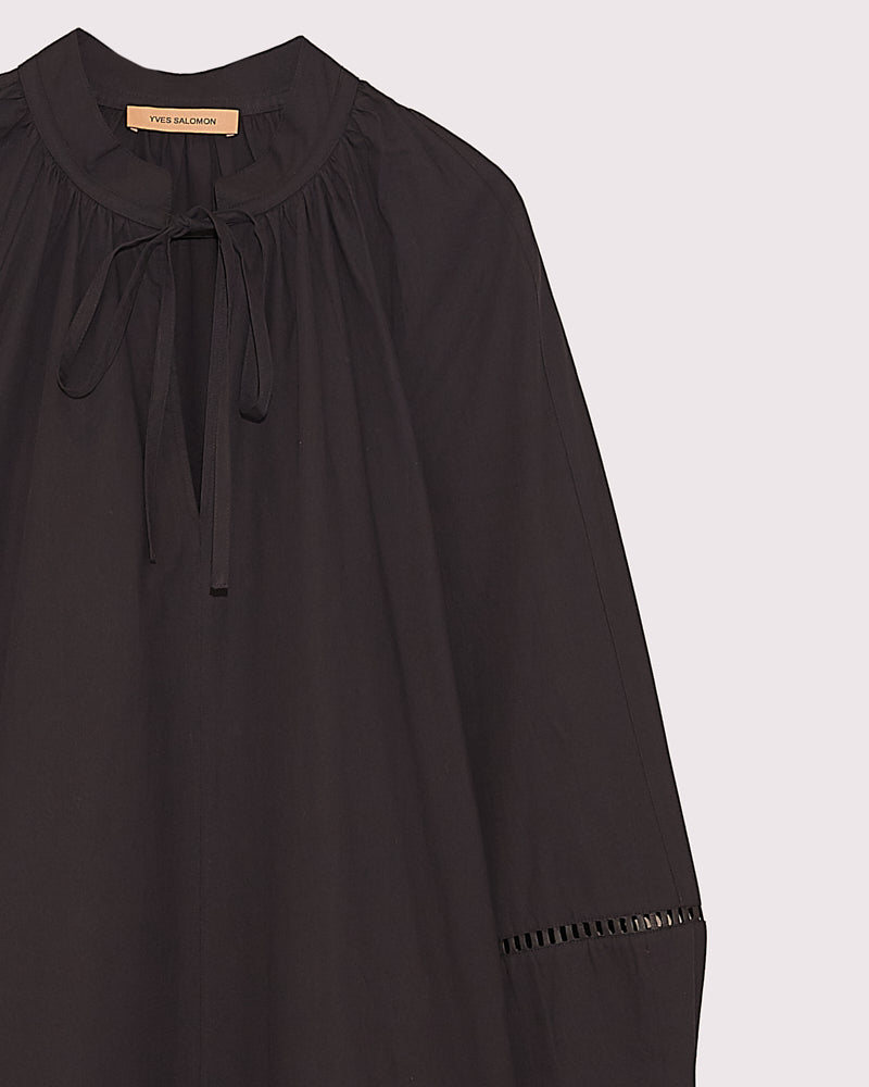 flowing belted cotton dress with leather embroidery - black