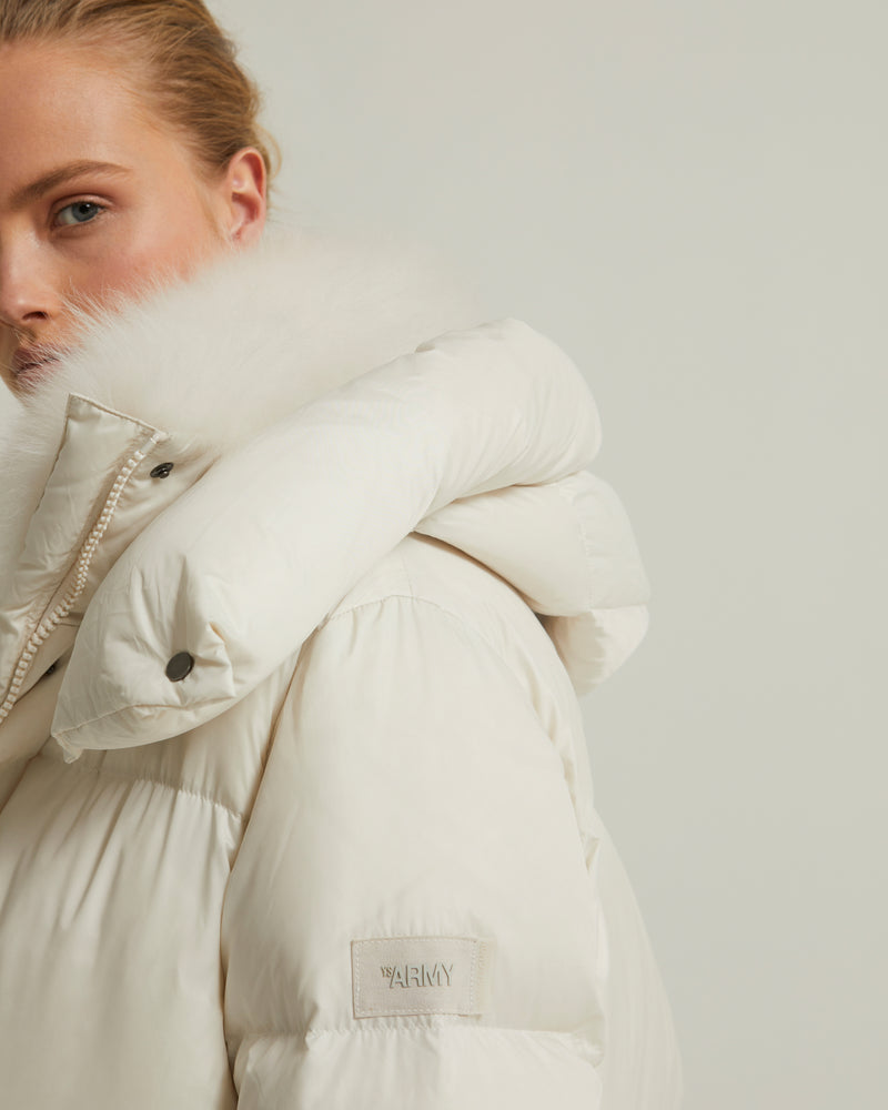 3/4 hooded down jacket with vaporous lambswool trim-Yves Salomon-Winter sale & boxing day