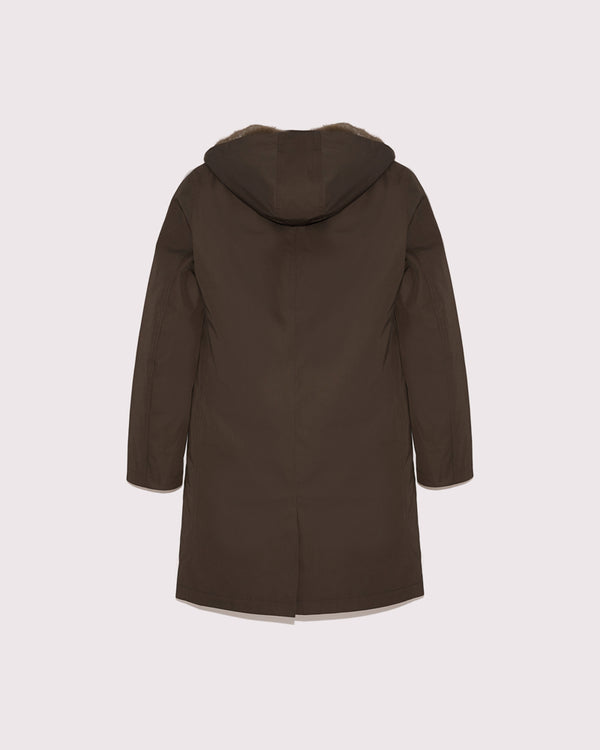 Long hooded coat in cotton, leather and mink - brown