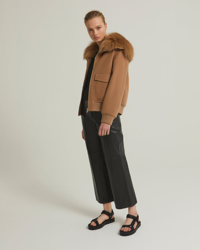 Cashmere woollen fabric jacket with fox fur collar