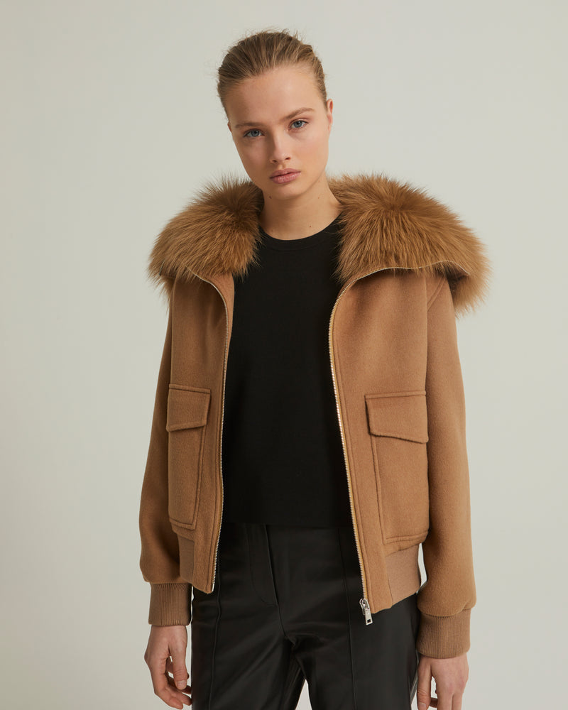 Cashmere woollen fabric jacket with fox fur collar