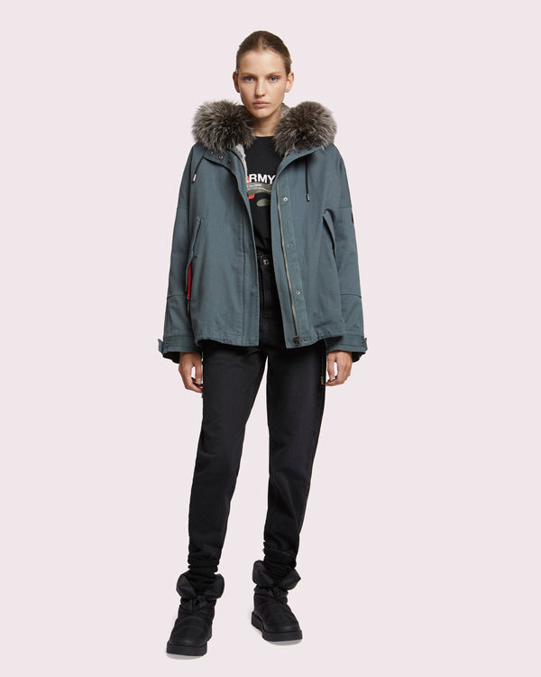 Short parka in cotton with fox and rabbit fur-Yves Salomon-Winter sale & boxing day