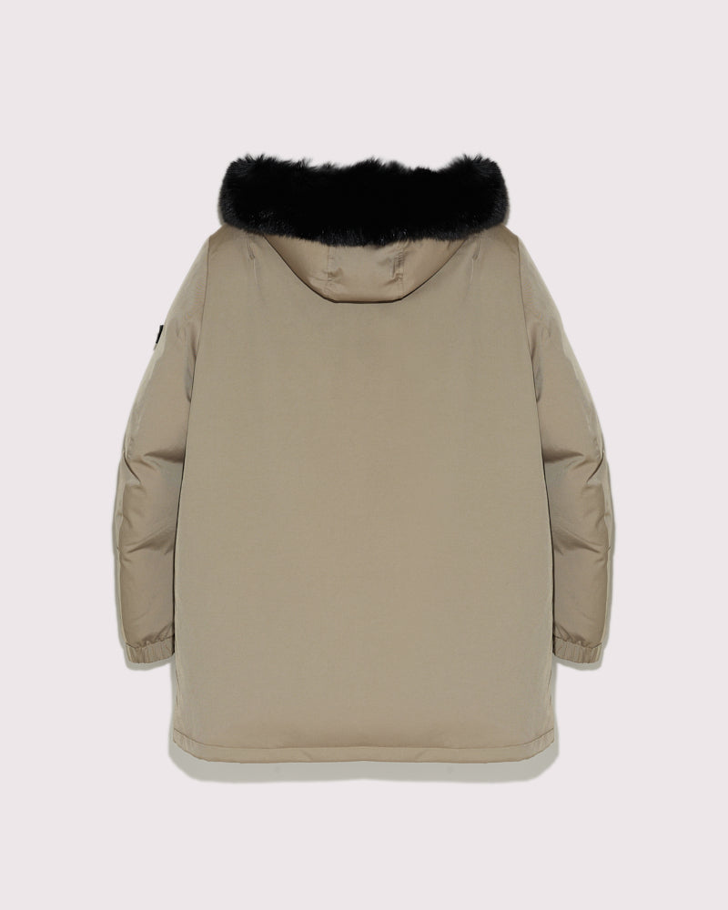 Balck Friday 2025 - Yves Salomon - Hooded technical gabardine down jacket with fox fur - beige