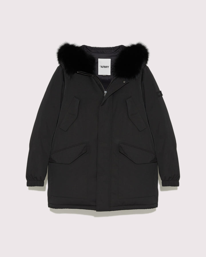 Balck Friday 2025 - Yves Salomon - Hooded technical gabardine down jacket with fox fur - black