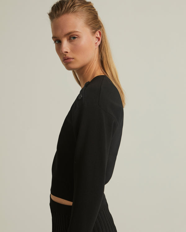 Cropped stretch knit long sleeve jumper - black