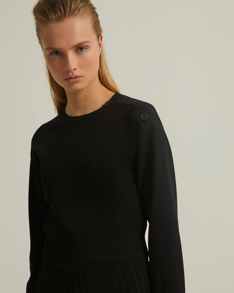 Cropped stretch knit long sleeve jumper - black