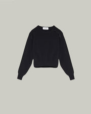 Cropped stretch knit long sleeve jumper - black