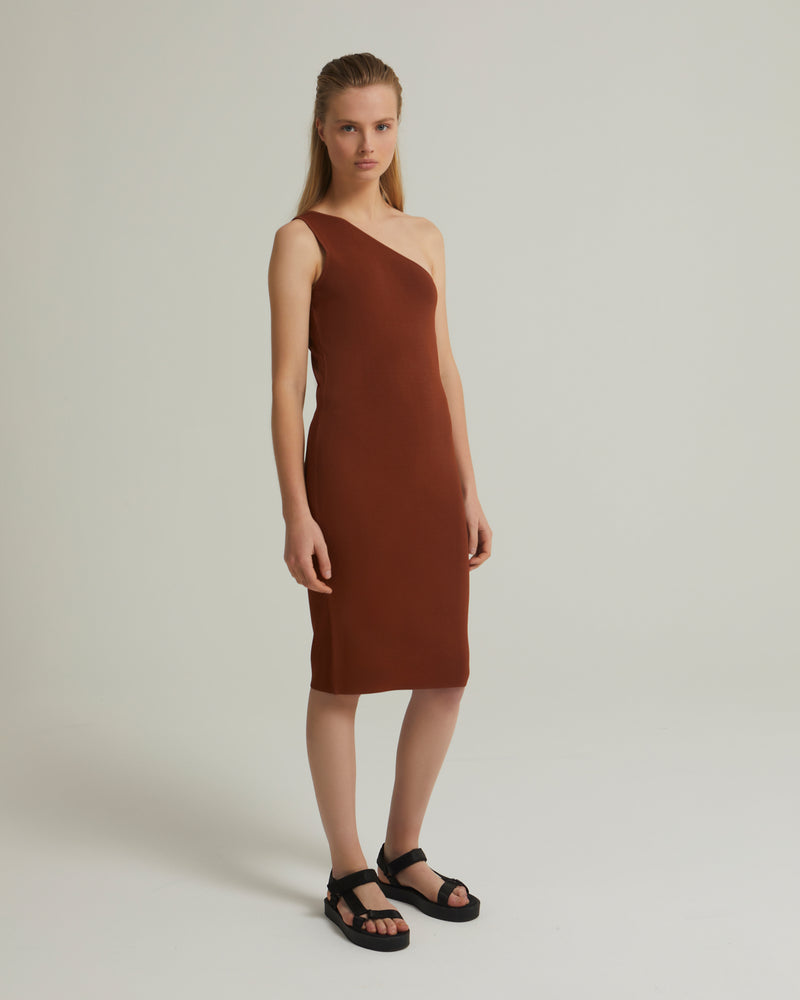 Asymmetric stretch-knit midi dress - brown