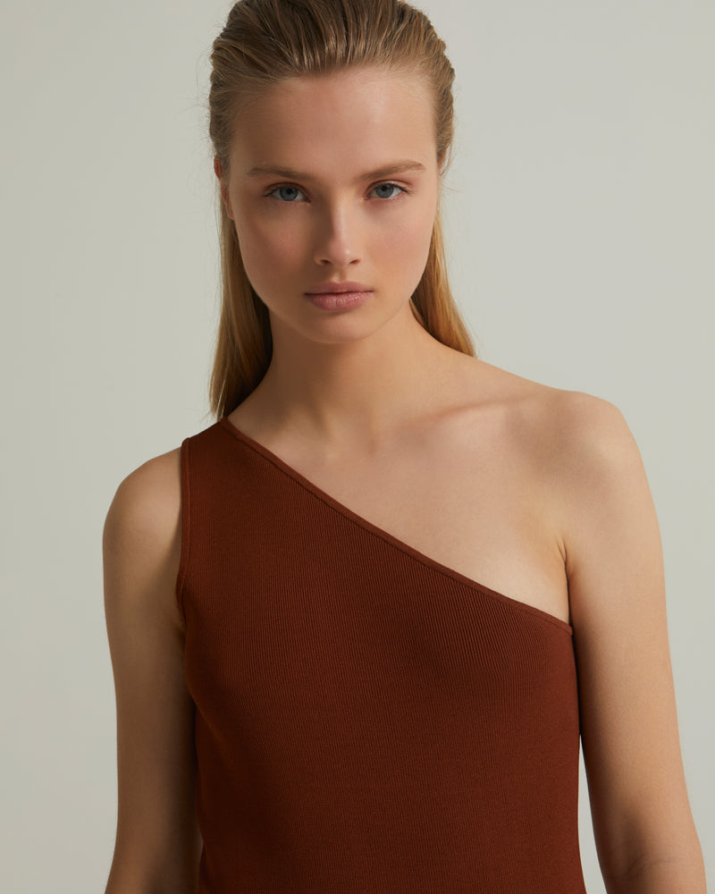 Asymmetric stretch-knit midi dress - brown