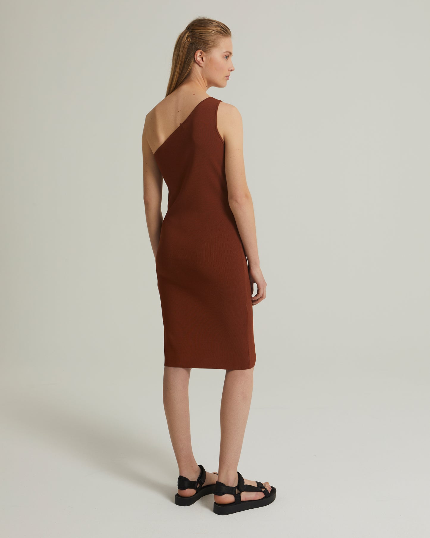 Asymmetric stretch-knit midi dress