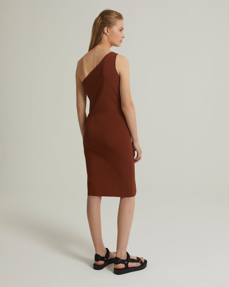 Asymmetric stretch-knit midi dress - brown