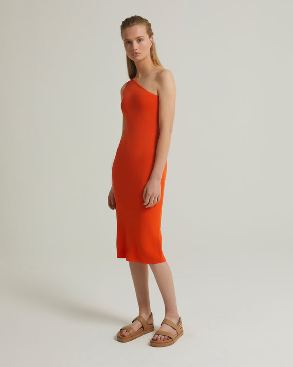 Asymmetric stretch-knit midi dress - orange