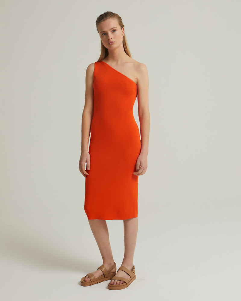 Asymmetric stretch-knit midi dress - orange