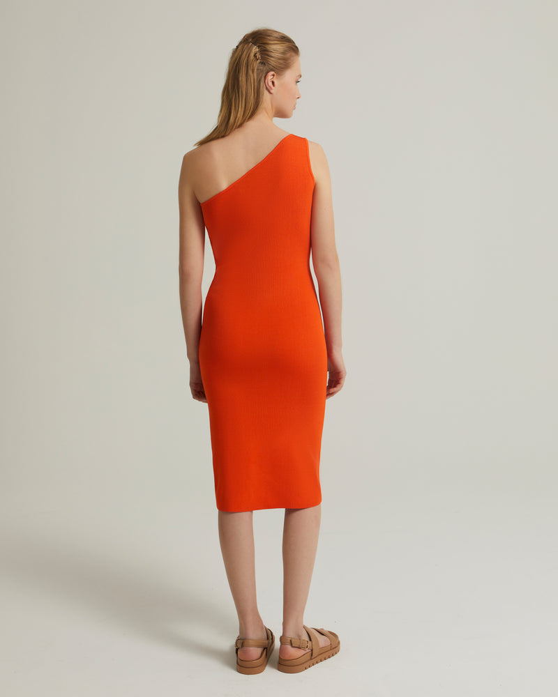 Asymmetric stretch-knit midi dress - orange