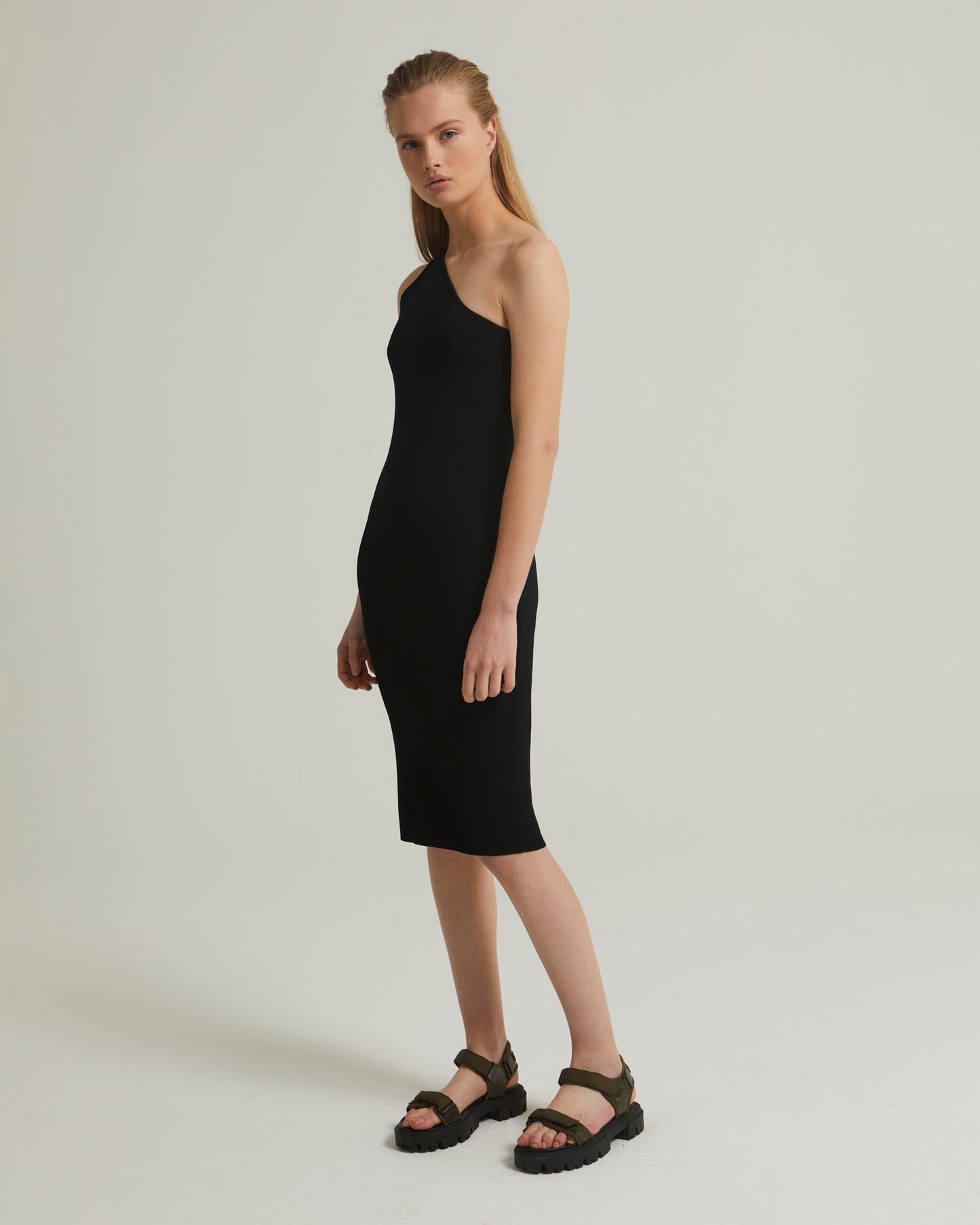 Asymmetric stretch-knit midi dress