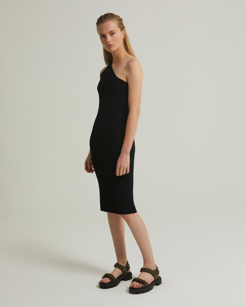 Asymmetric stretch-knit midi dress - black