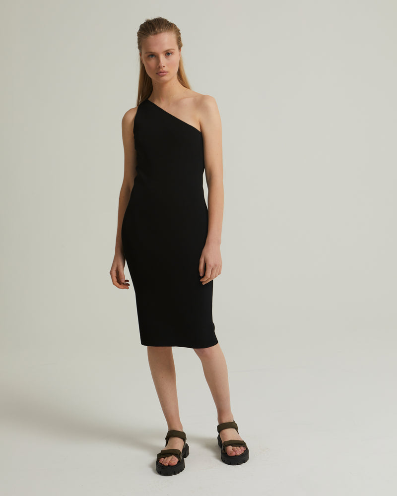 Asymmetric stretch-knit midi dress - black