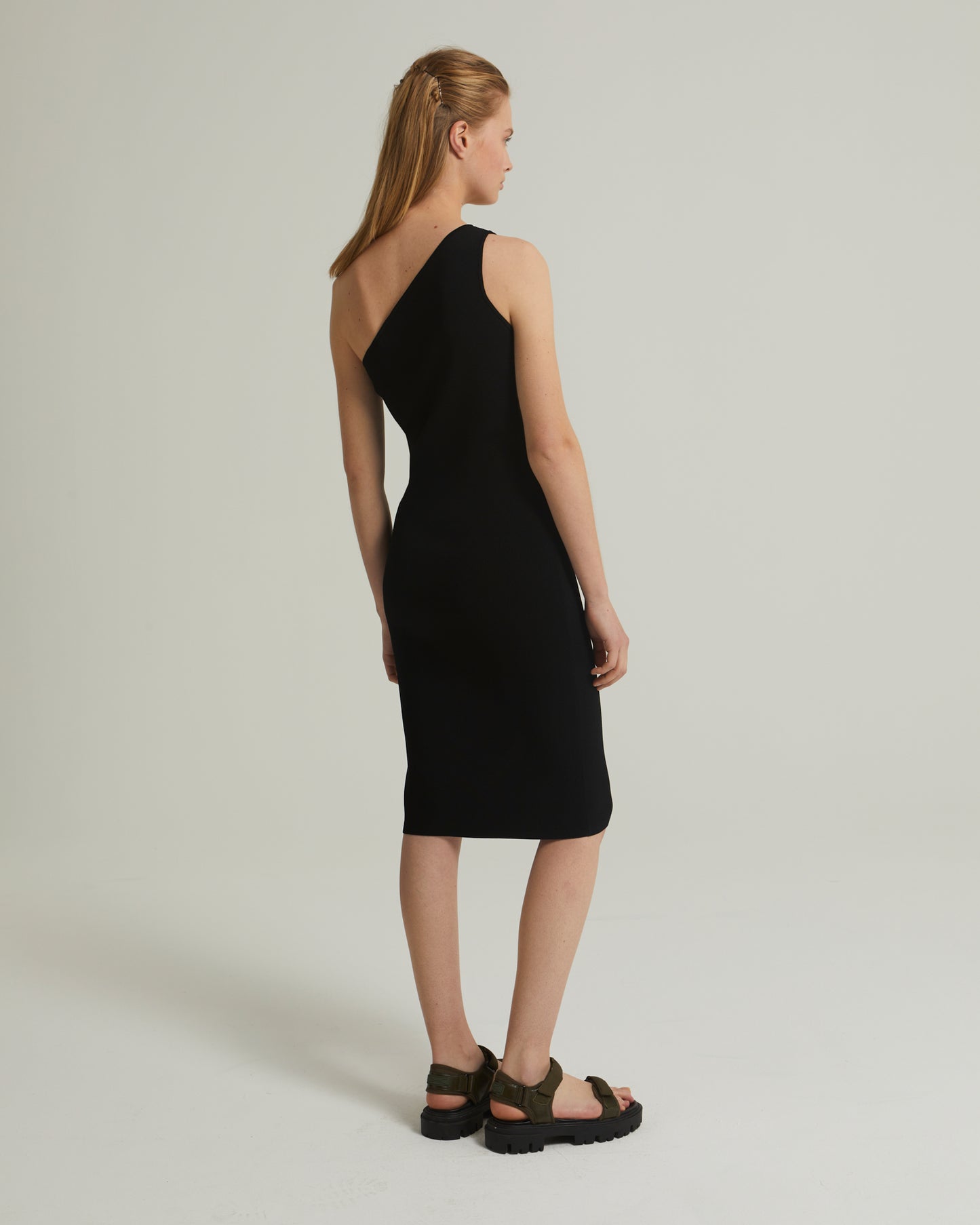 Asymmetric stretch-knit midi dress